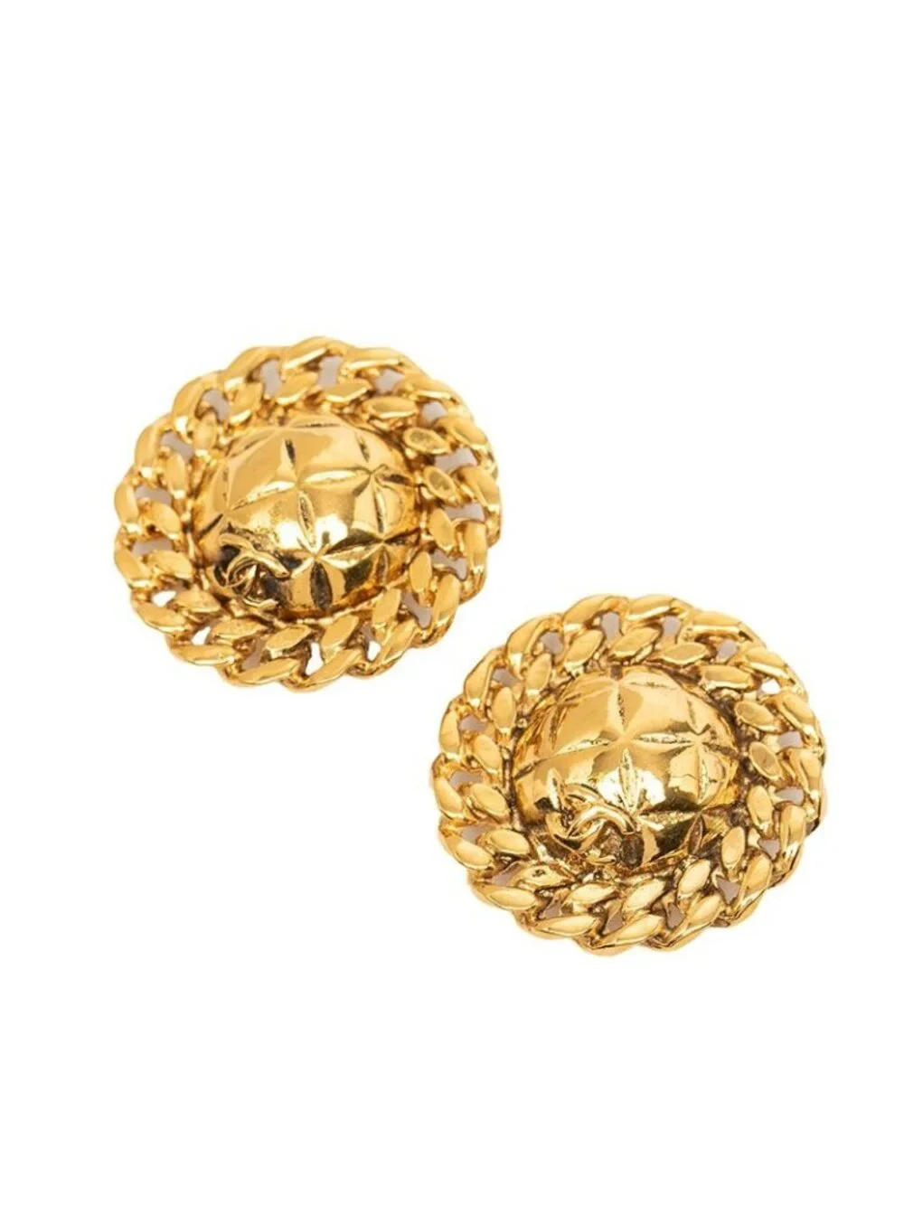 Chanel CC Logo Quilted Chain Earrings Gold Plated